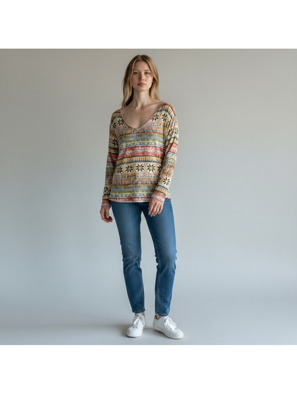 Misslook T-Shirt Women L Large Beige Striped V-Neck Long Sleeve Cotton Casual